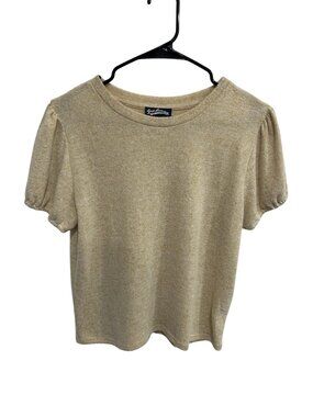 Freshman Beige Short Sleeve Crewneck Puff Shoulder Top Size Large Chic Elegant